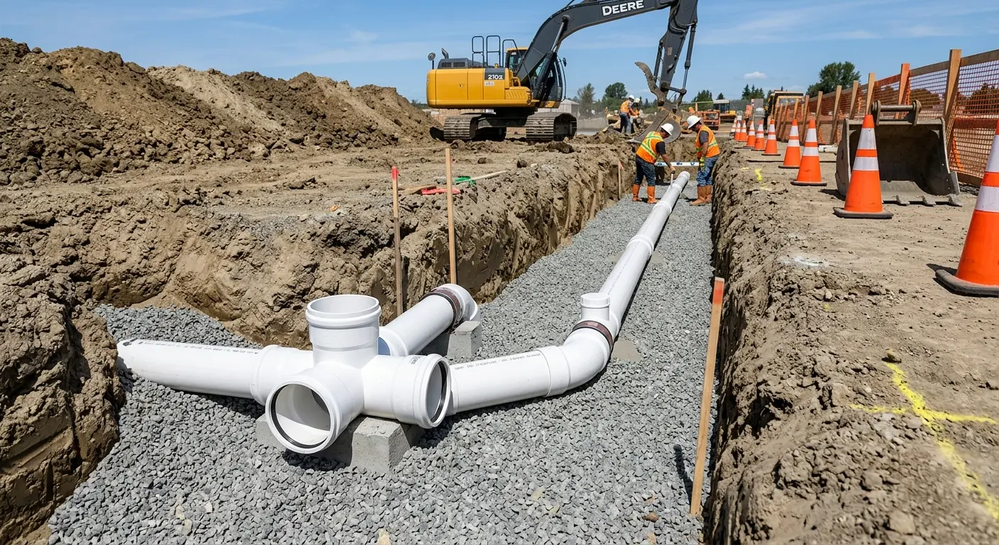 New PVC sewer pipe installation in open trench for Commercial Drain Cleaning in Richland Hills
