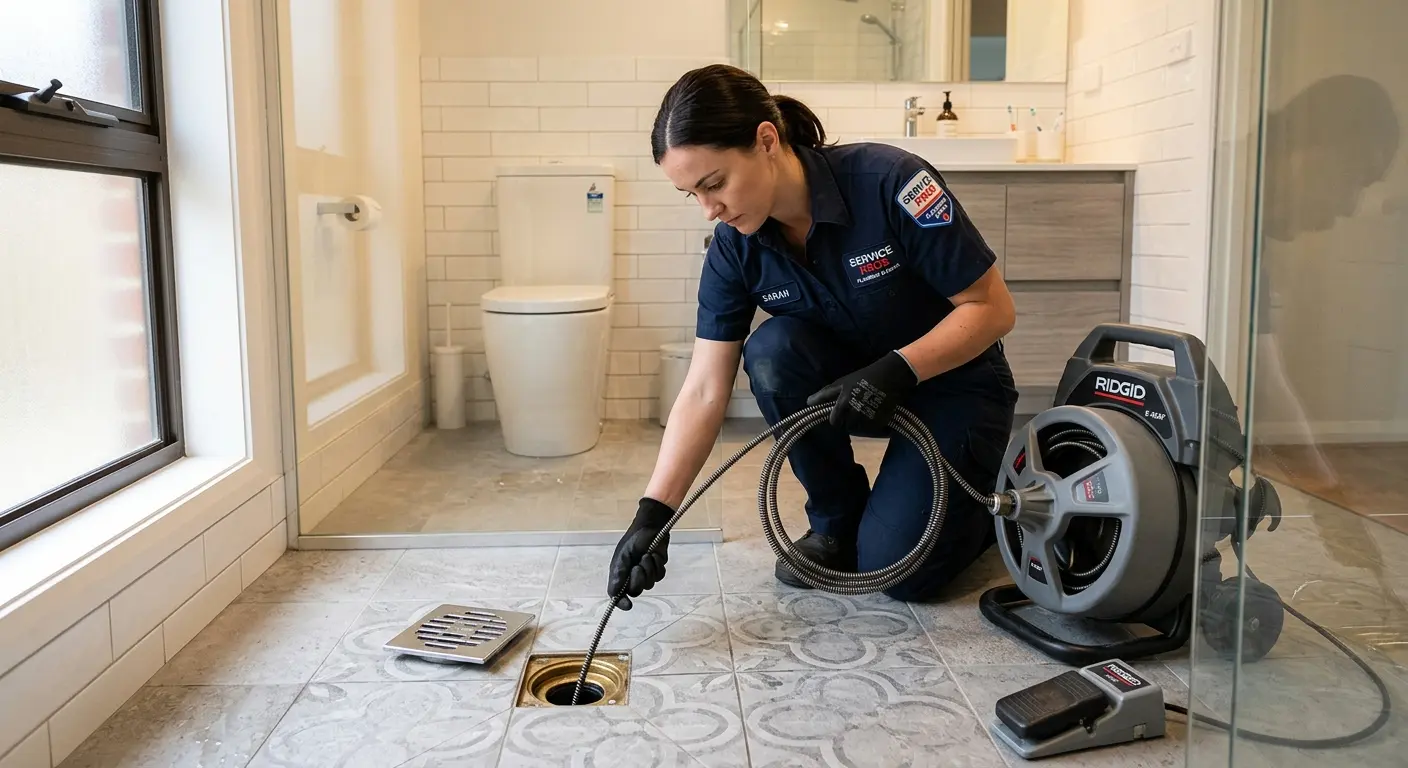 Technician clearing a bathroom floor drain for Clogged Drain Repair in Richland Hills